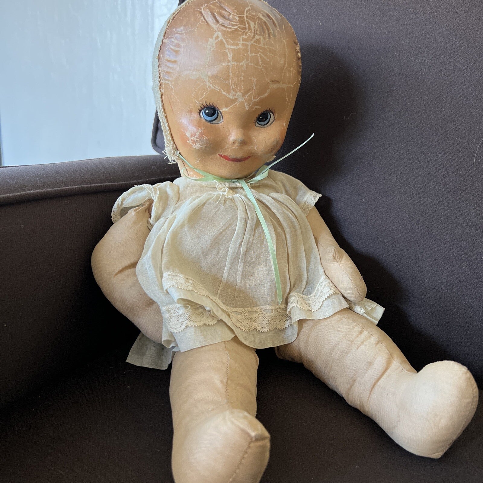 Vintage Cloth Toddler Doll Oil Painted Face Big Eyes , Cute!1