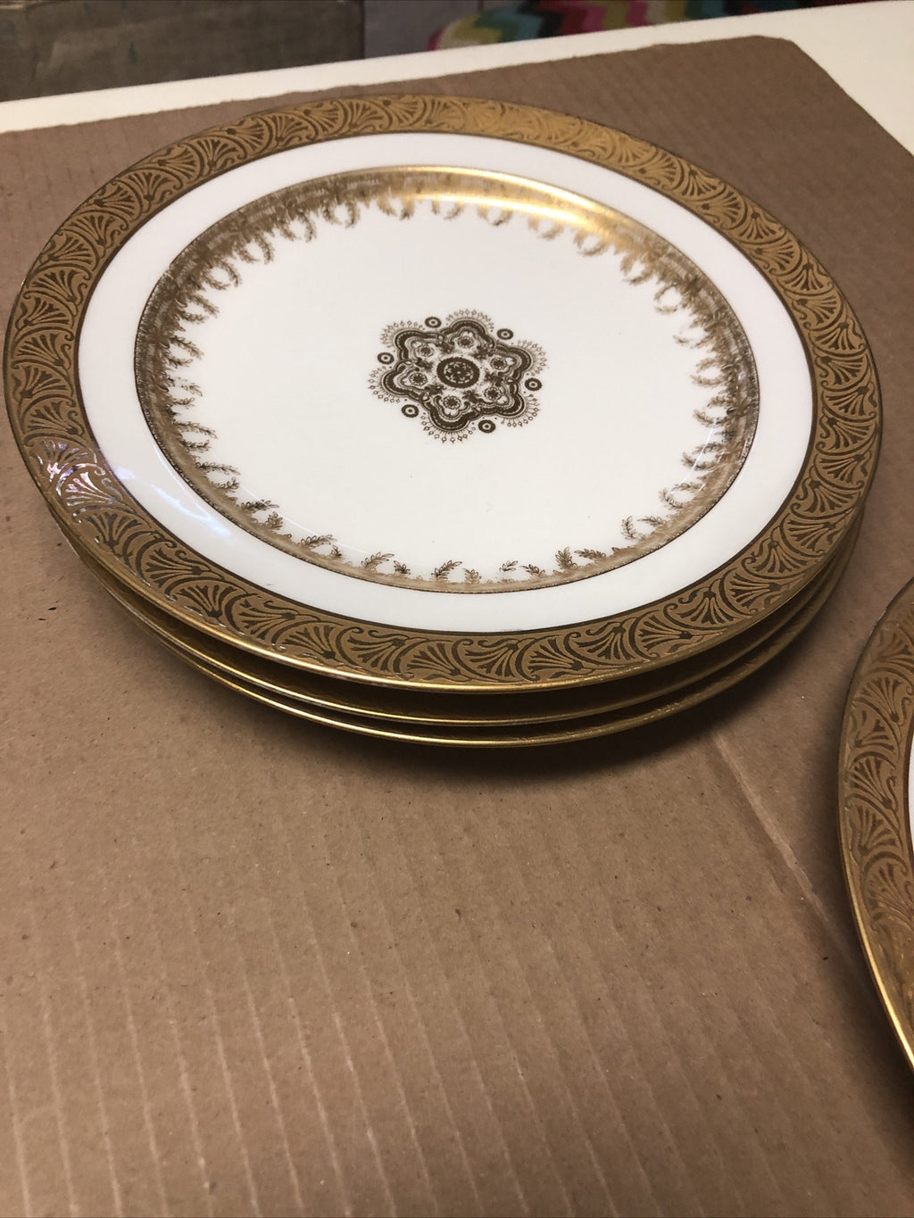 Vintage Lot Of 4 J.P.L. France J. Pouyat Limoges 8.5” SALAD PLATES Gold Design2