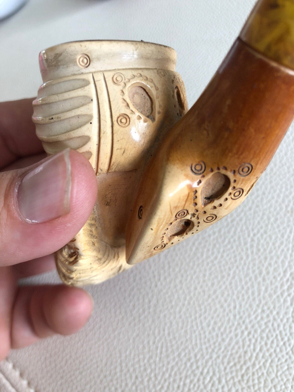 Antique Carved Figural Sultan Meerschaum Pipe High Detail Egg Yolk Stem4
