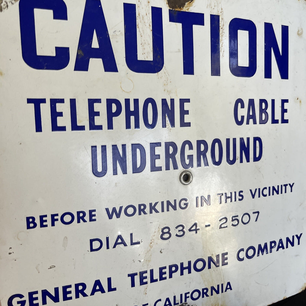 Cobalt Blue Porcelain Sign Caution Cable Underground General Telephone 12”2