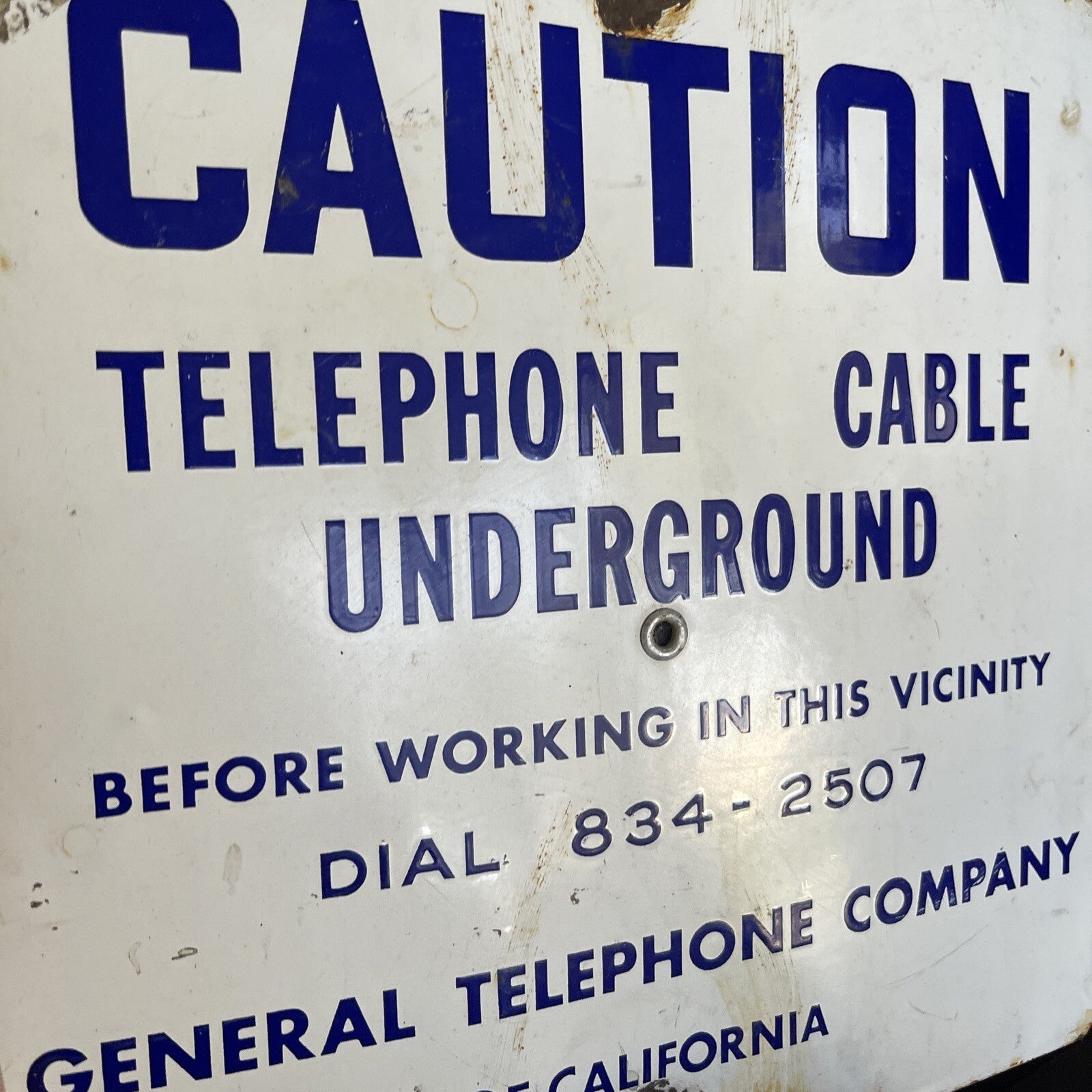 Cobalt Blue Porcelain Sign Caution Cable Underground General Telephone 12”2
