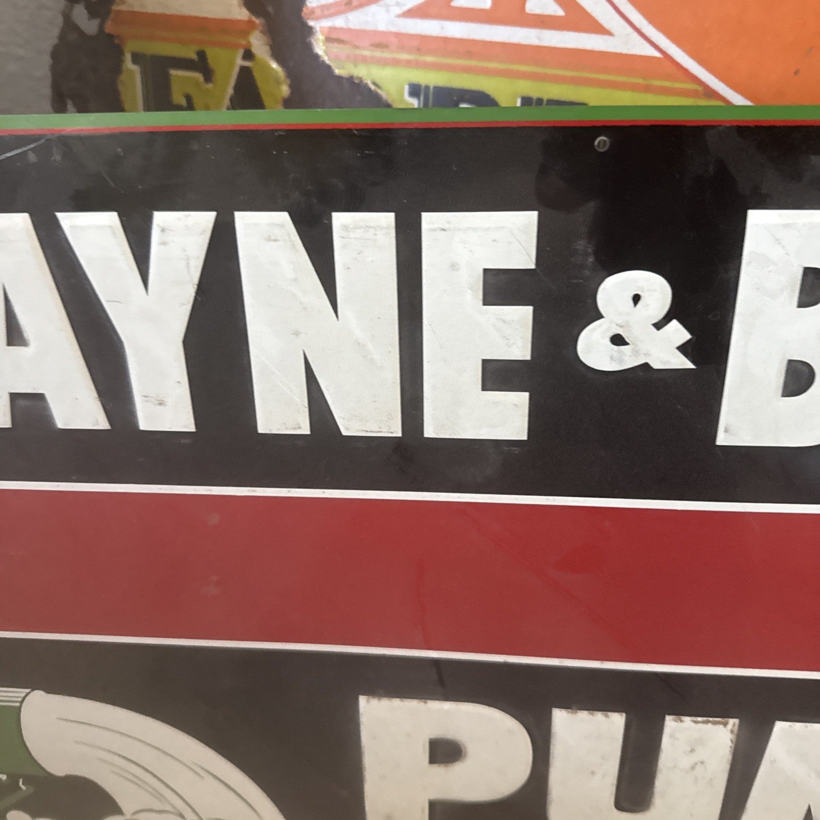 LARGE ORIGINAL LAYNE & BOWLER PUMP PAINTED METAL Not Porcelain SIGN 30X18” LA2