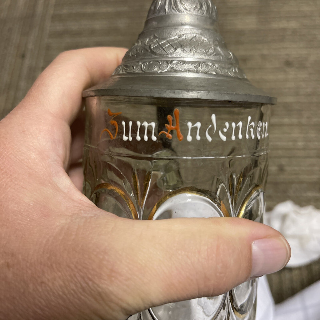 Antique Lidded Cut Glass Mug painted German Beer Stein pewter top 9”5