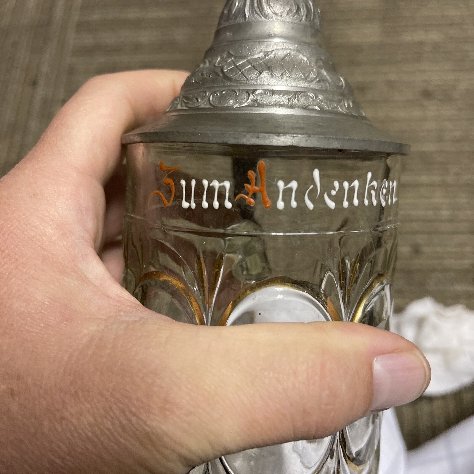 Antique Lidded Cut Glass Mug painted German Beer Stein pewter top 9”5