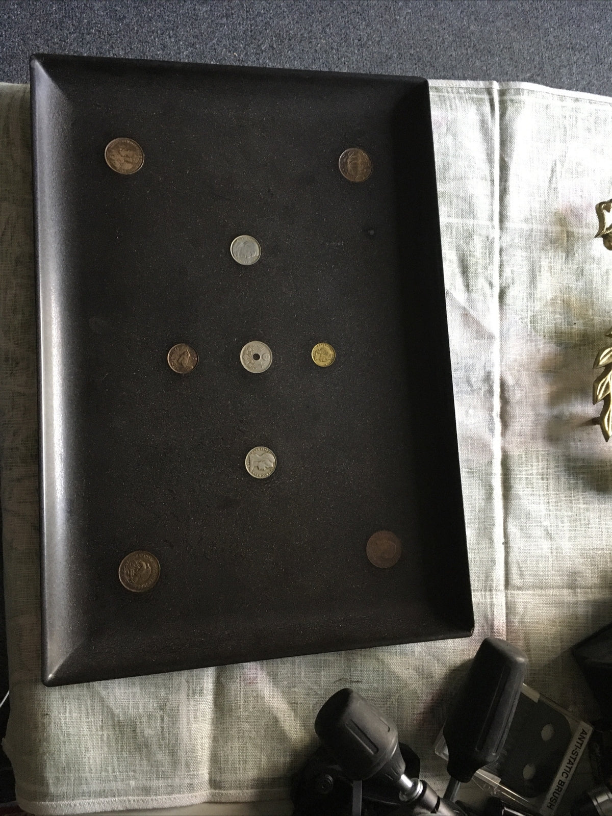 Vintage Mid Century COUROC Tray With Foreign Coins 15”x10.5”1