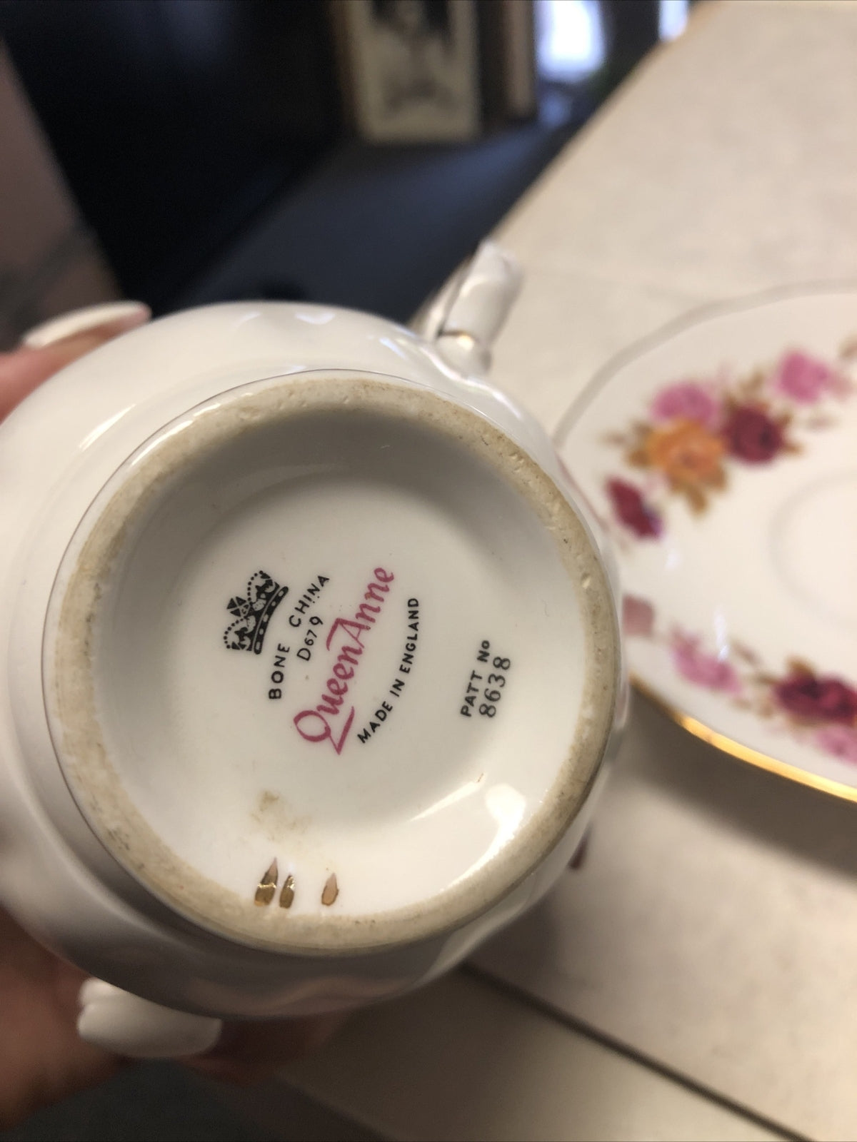 Vintage Queen Anne Pedestal Teacup and Saucer Pink & Red Roses English China3