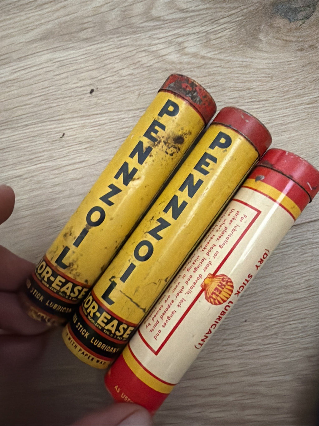 3 Vintage Shell Pennzoil Oil Door-Ease Dry Stick Lubricant Retinax K Tin Can0