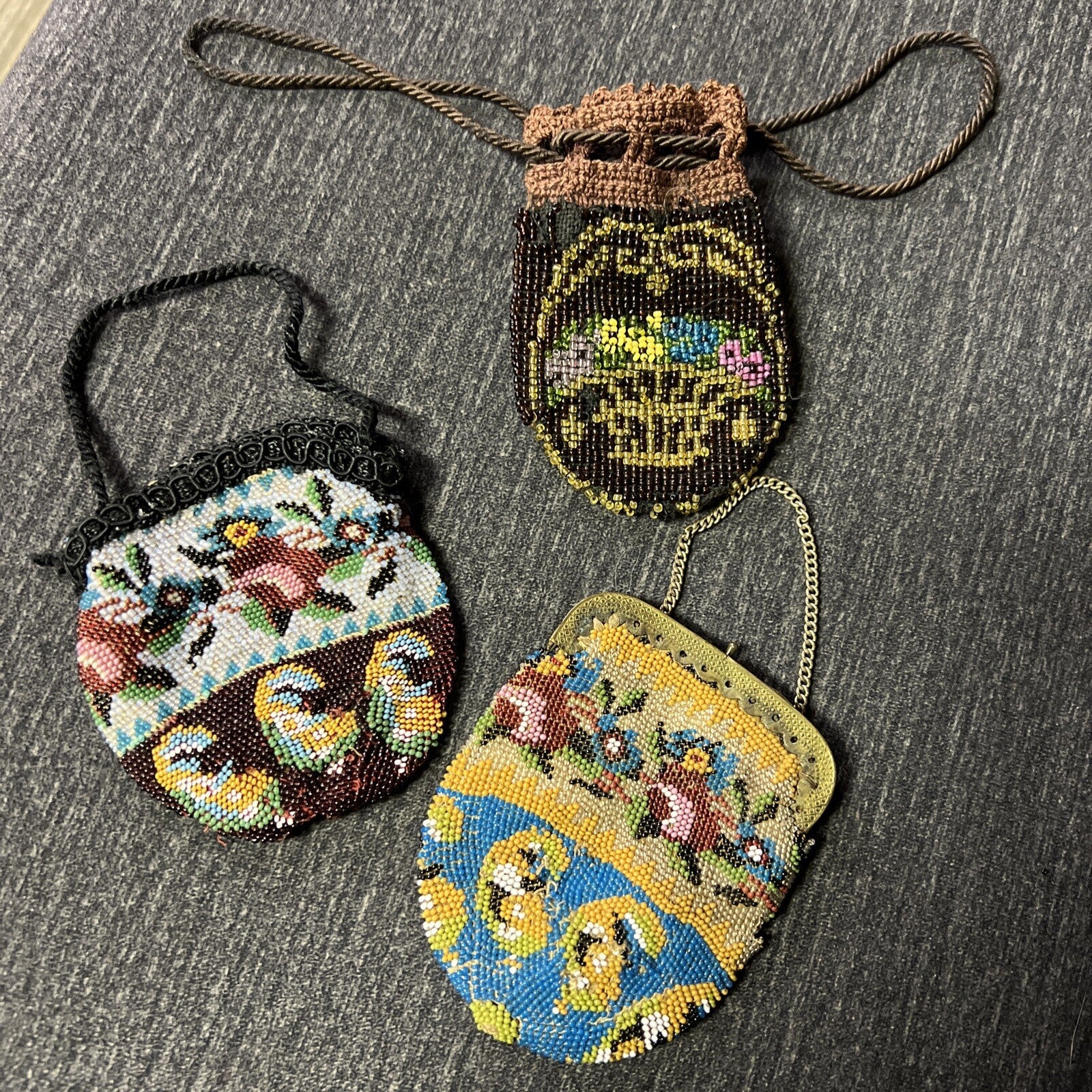 Lot of 3 Vintage Hand Crafted Beaded  Coin Purse Pouches High Quality Handmade0