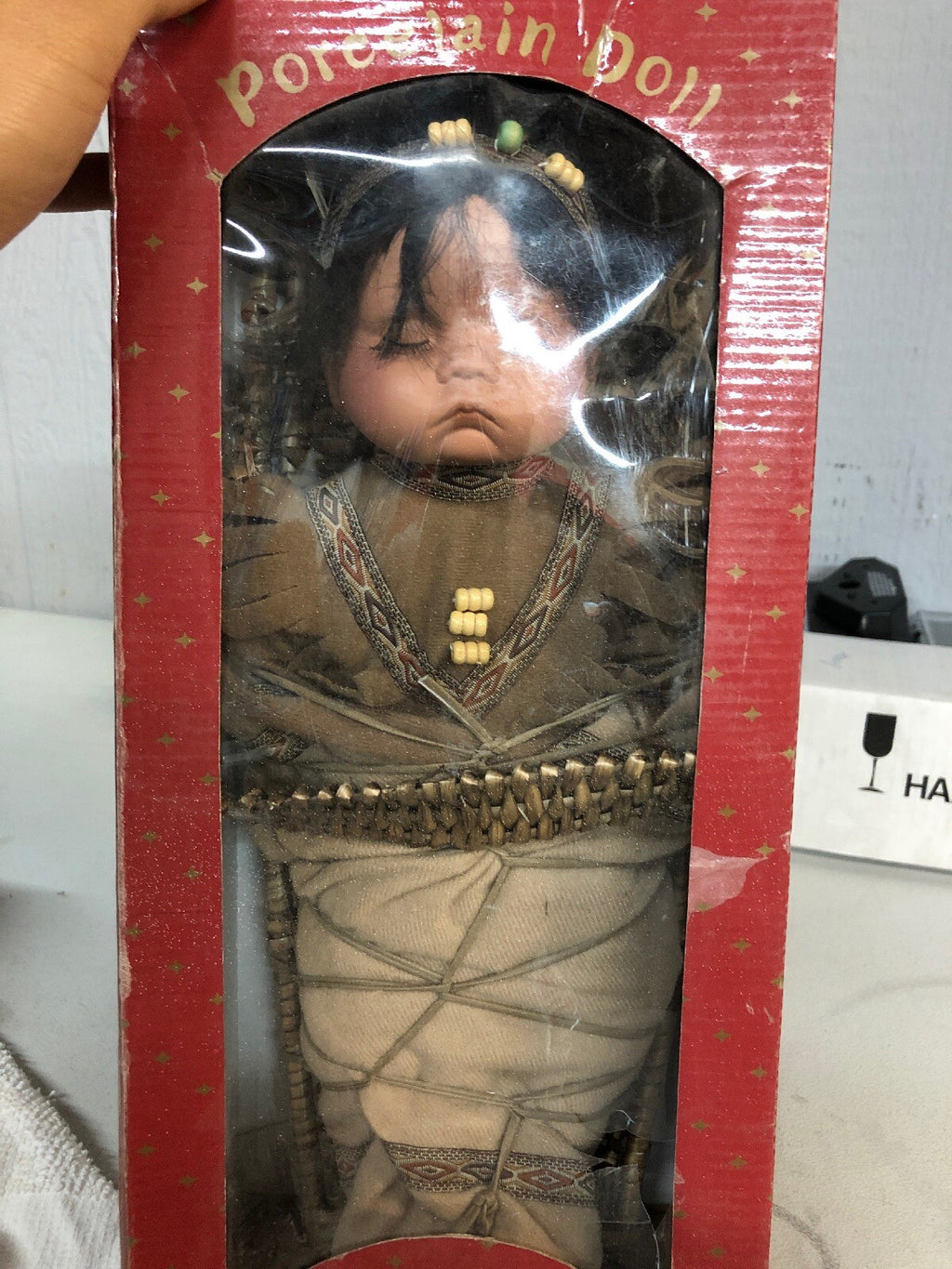 Swan Collection  Original Baby Native American Porcelain Doll In Basket3