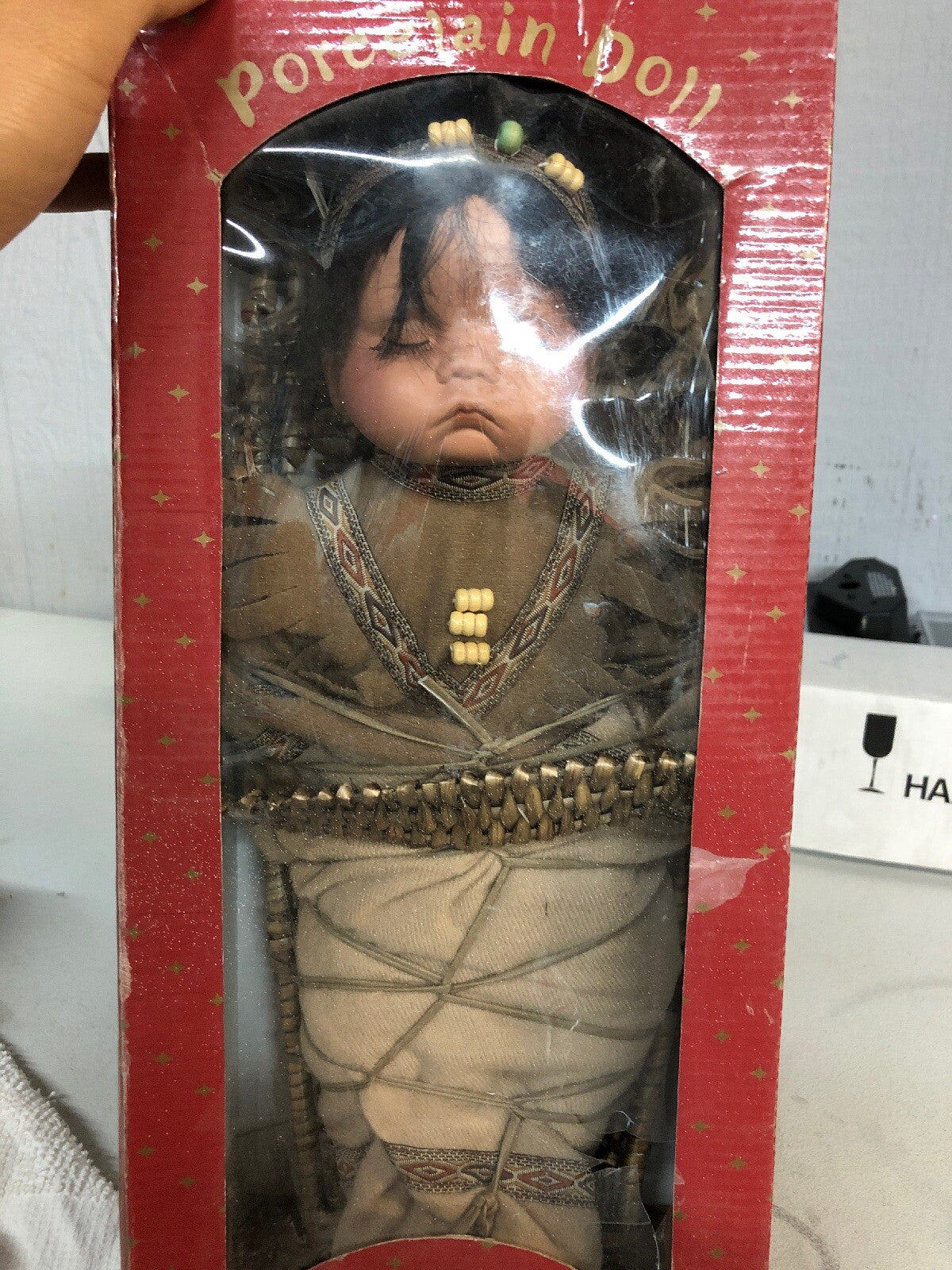 Swan Collection  Original Baby Native American Porcelain Doll In Basket3