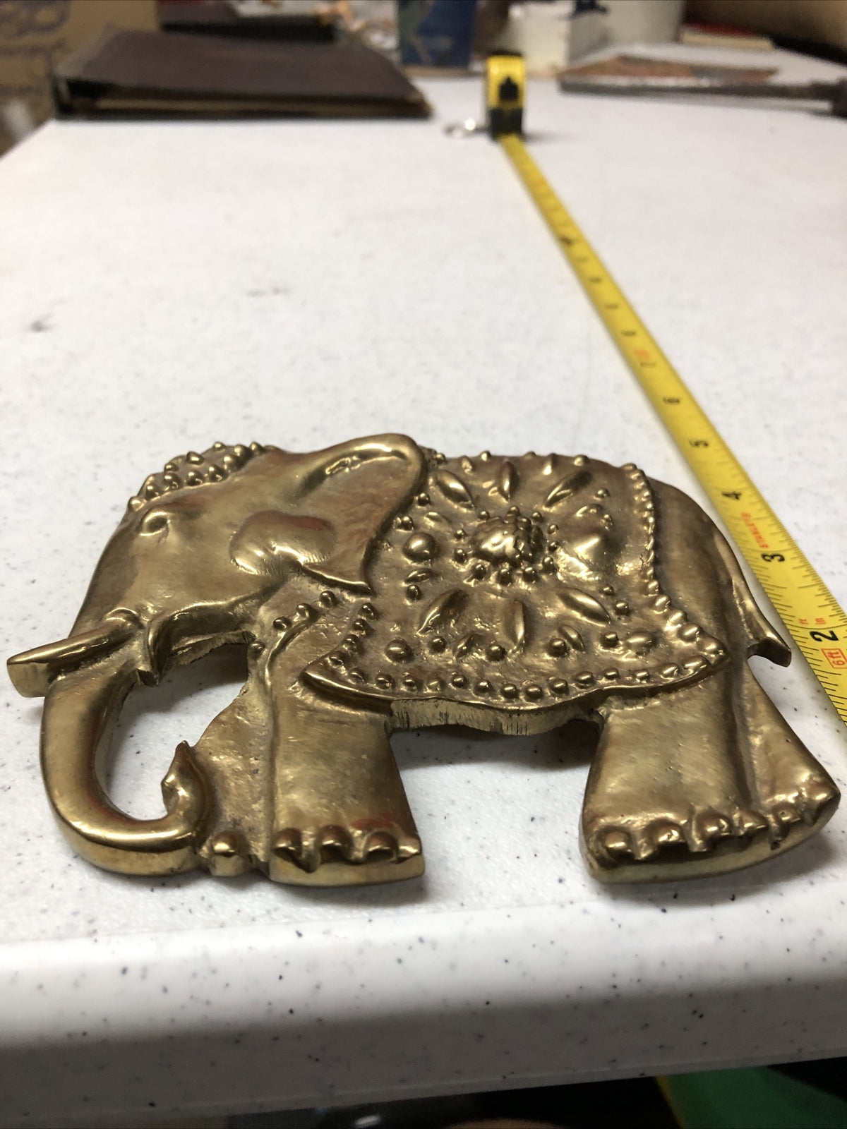 VINTAGE BRONZE CAST METAL ELEPHANT HEAD W/TUSKS WALL HANGING1