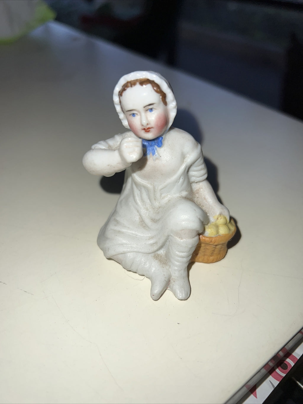 Vintage Bisque Lady in Bonnet with Lemon Basket Picnic Figurine Hand Painted4