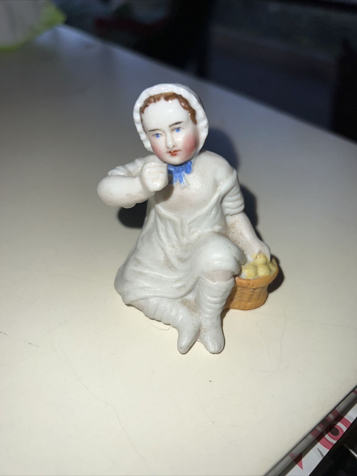 Vintage Bisque Lady in Bonnet with Lemon Basket Picnic Figurine Hand Painted4