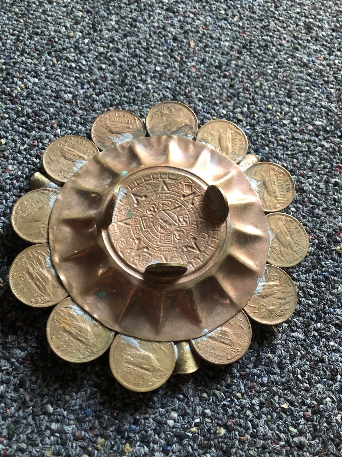 VINTAGE MEXICAN AZTEC COIN CENTAVOS CIGARETTE ASHTRAY 15 COINS HANDMADE3