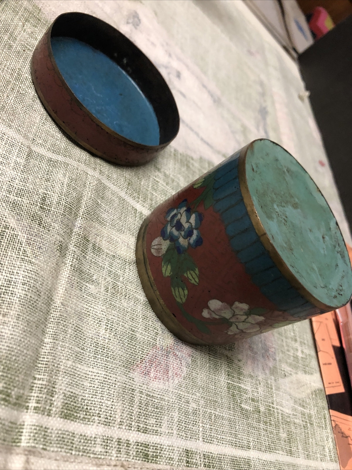 Antique Chinese Cloisonne Metal Tea Caddy 3”x3”5