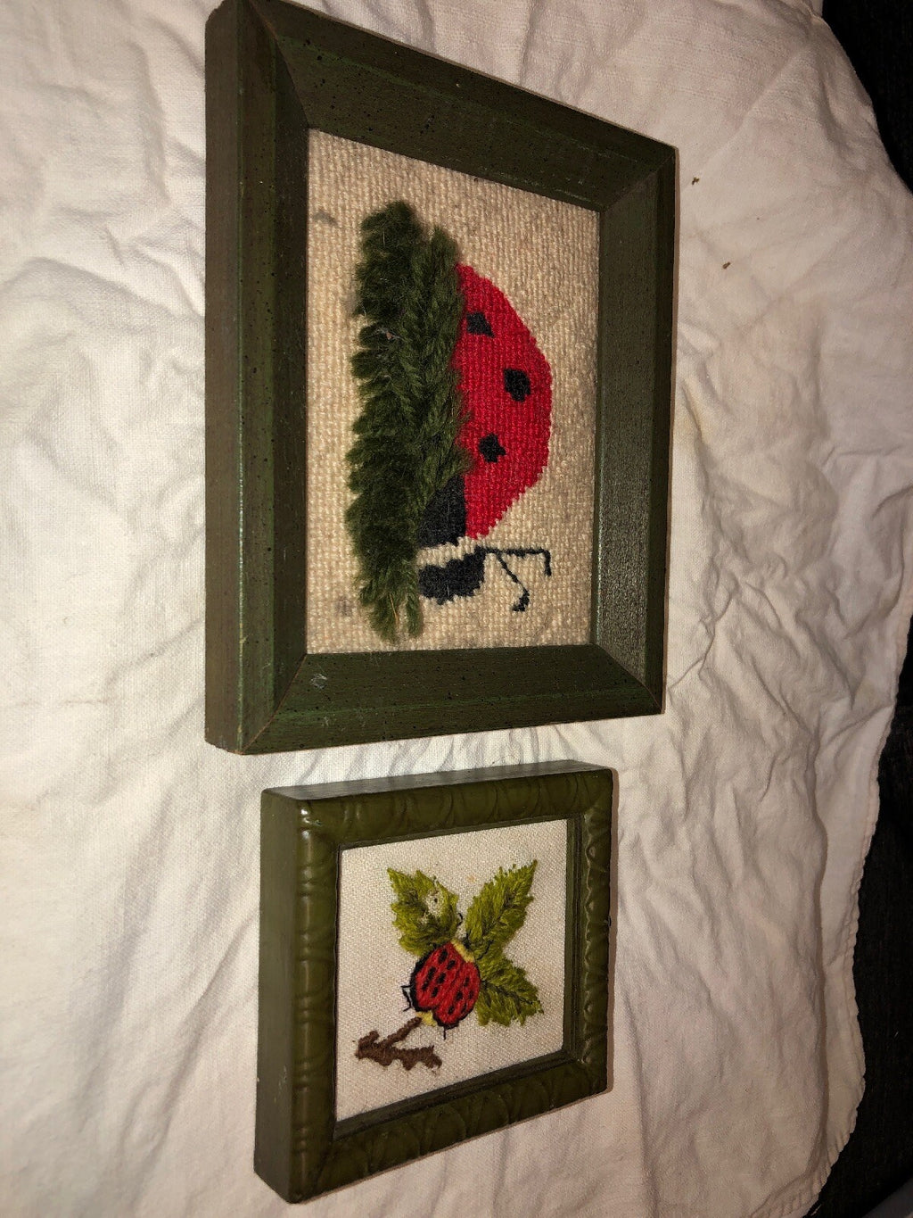 Vintage Hand Crochet Ladybug - Framed Wall Hanging Picture 3.5”x4” & Art 6”x5”3