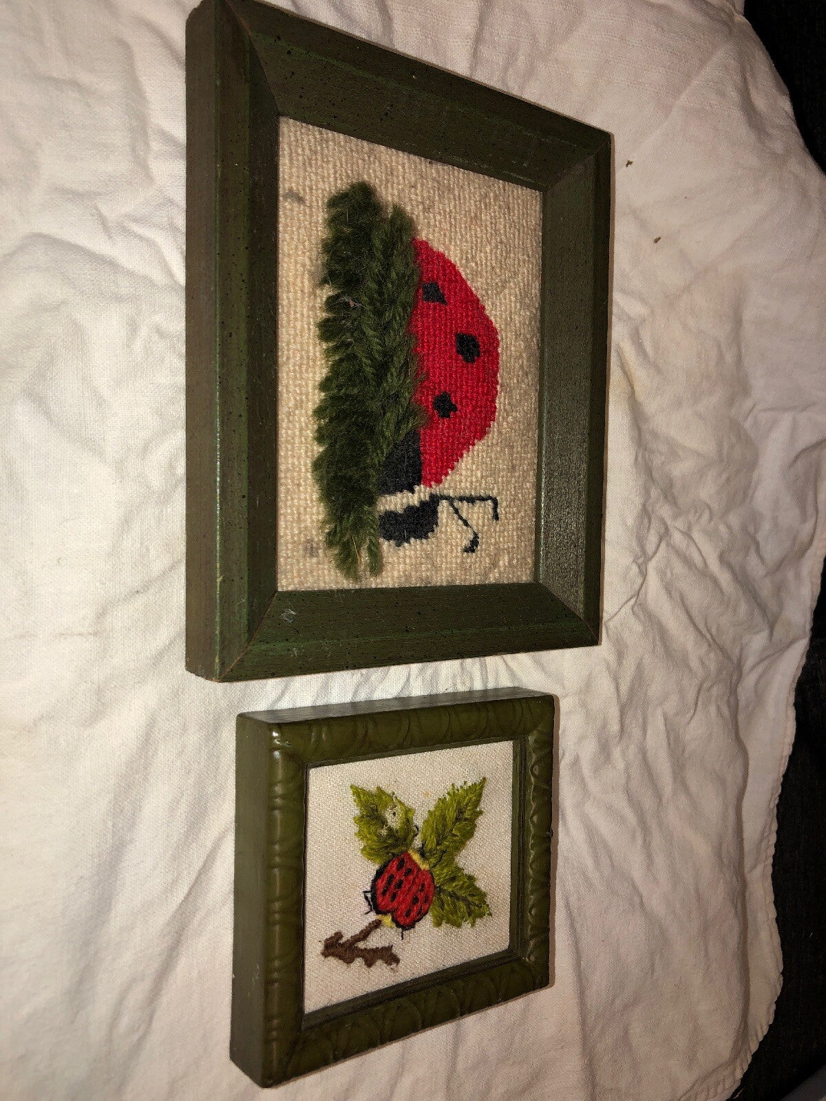 Vintage Hand Crochet Ladybug - Framed Wall Hanging Picture 3.5”x4” & Art 6”x5”3