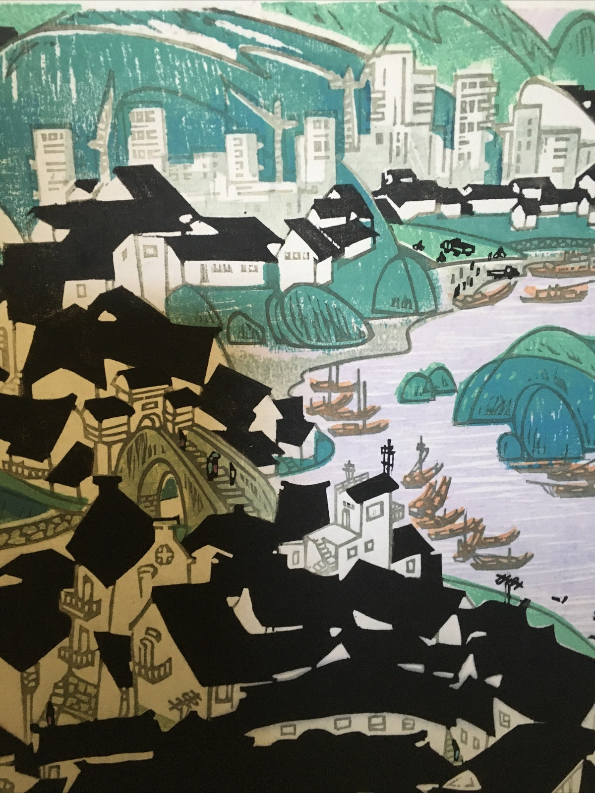Antique Japanese Woodblock Big Print Signed 1967 Beautiful Colors Town Asian8