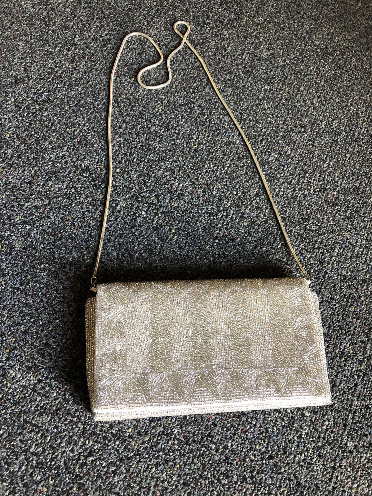 La Regale Silver Beaded Evening Bag Purse Clutch Pouch Shoulder Strap0