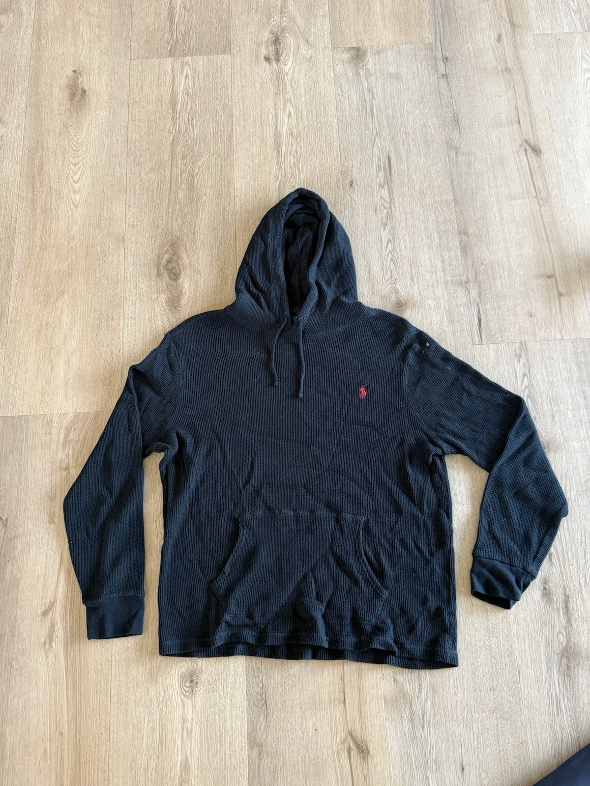 Polo Ralph Lauren Waffle Knit Hoodie Mens Black Thermal Pullover sz XL0