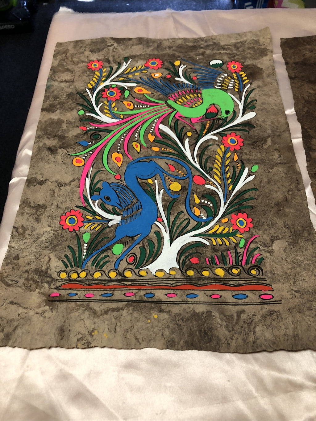 Vintage Amate Bark Paintings 16.5”x12” Hand Painted Folk Art Bird and Flowers1