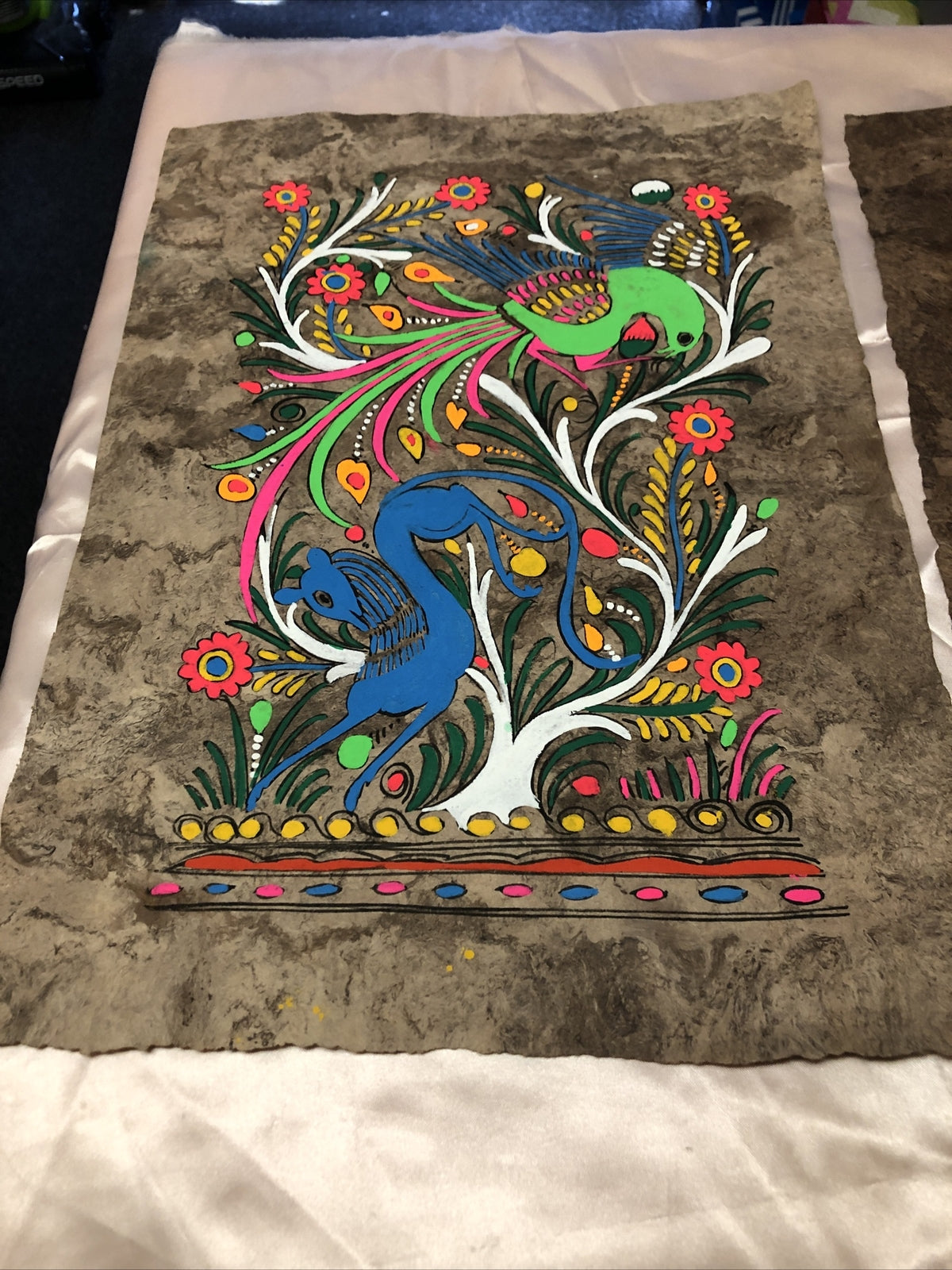 Vintage Amate Bark Paintings 16.5”x12” Hand Painted Folk Art Bird and Flowers1