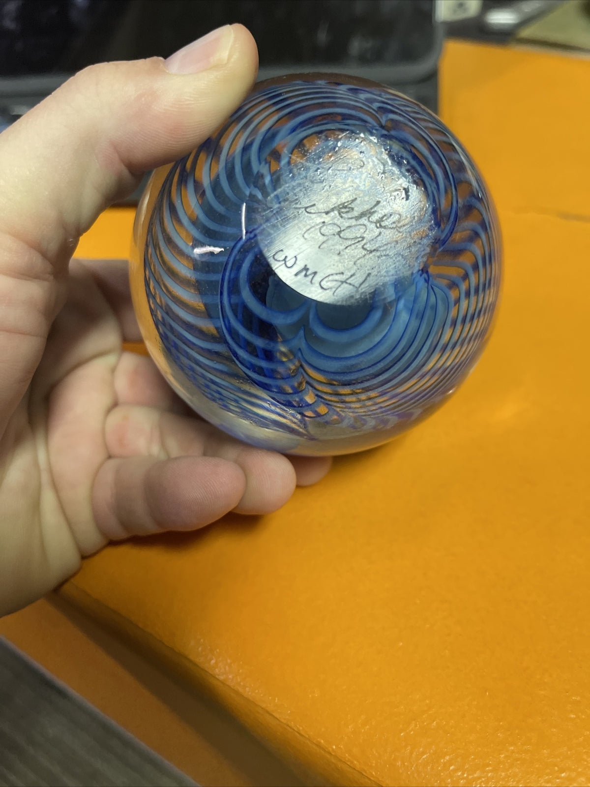 VTG. SIGNED EICKHOLT 1990  BLUE SWIRL DICHROIC ART GLASS PAPERWEIGHT WMCH6