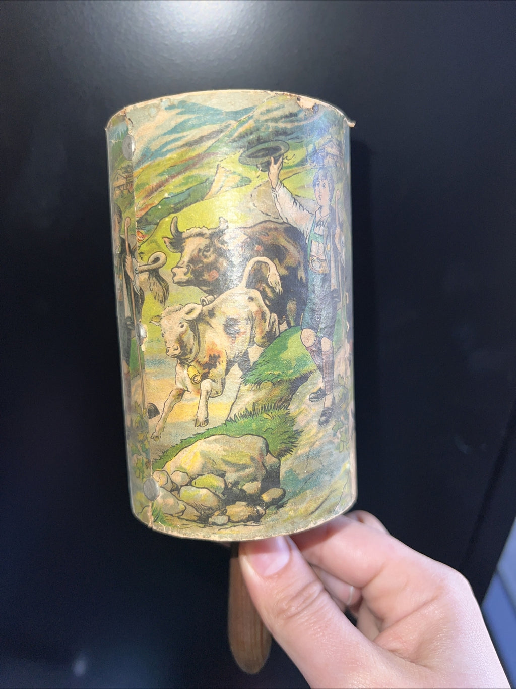 HTF Antique Celluloid Cylinder Handled Baby Rattle - Germany Scenery2