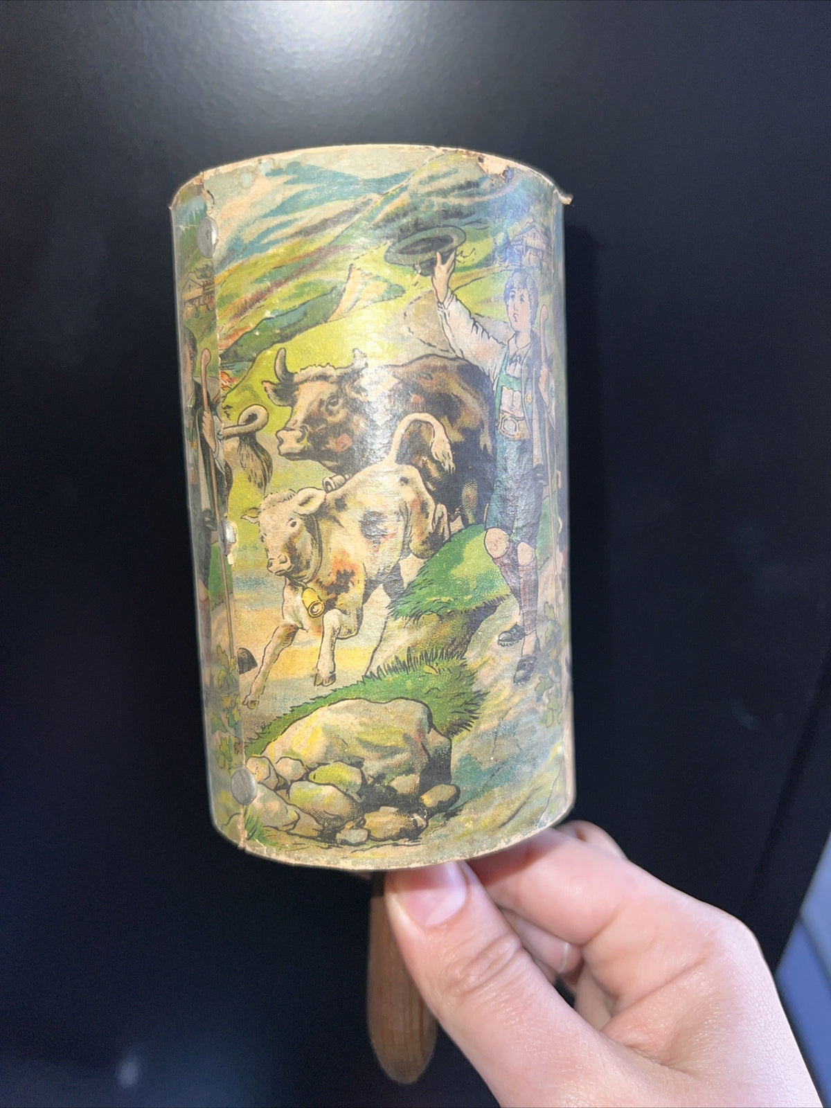 HTF Antique Celluloid Cylinder Handled Baby Rattle - Germany Scenery2