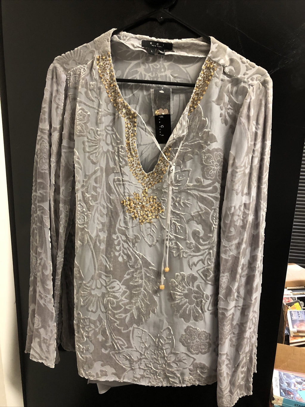 ECI New York Floral Beaded Shirt Top Blouse Size L NWT0