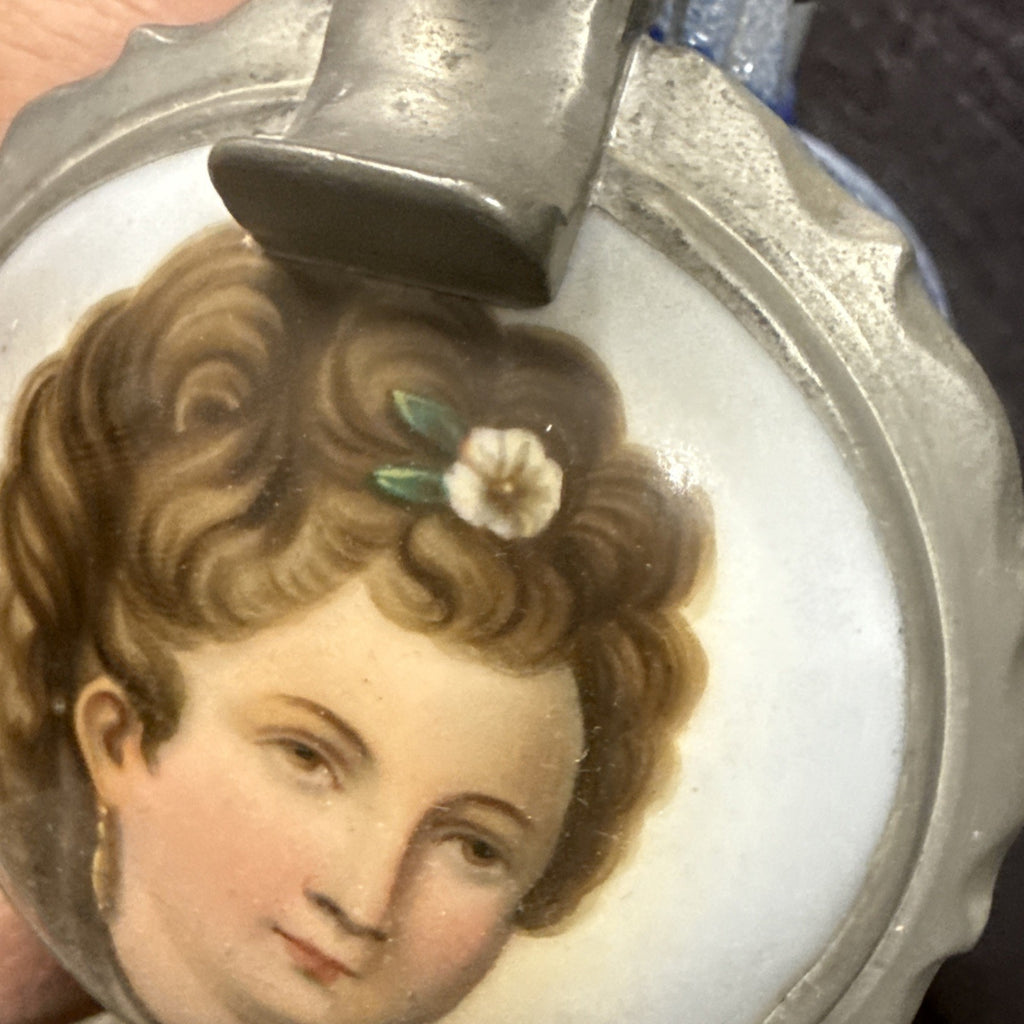 Antique German Etched Glass Porcelain Girl Beer Heavy Salt Glazed Stein5