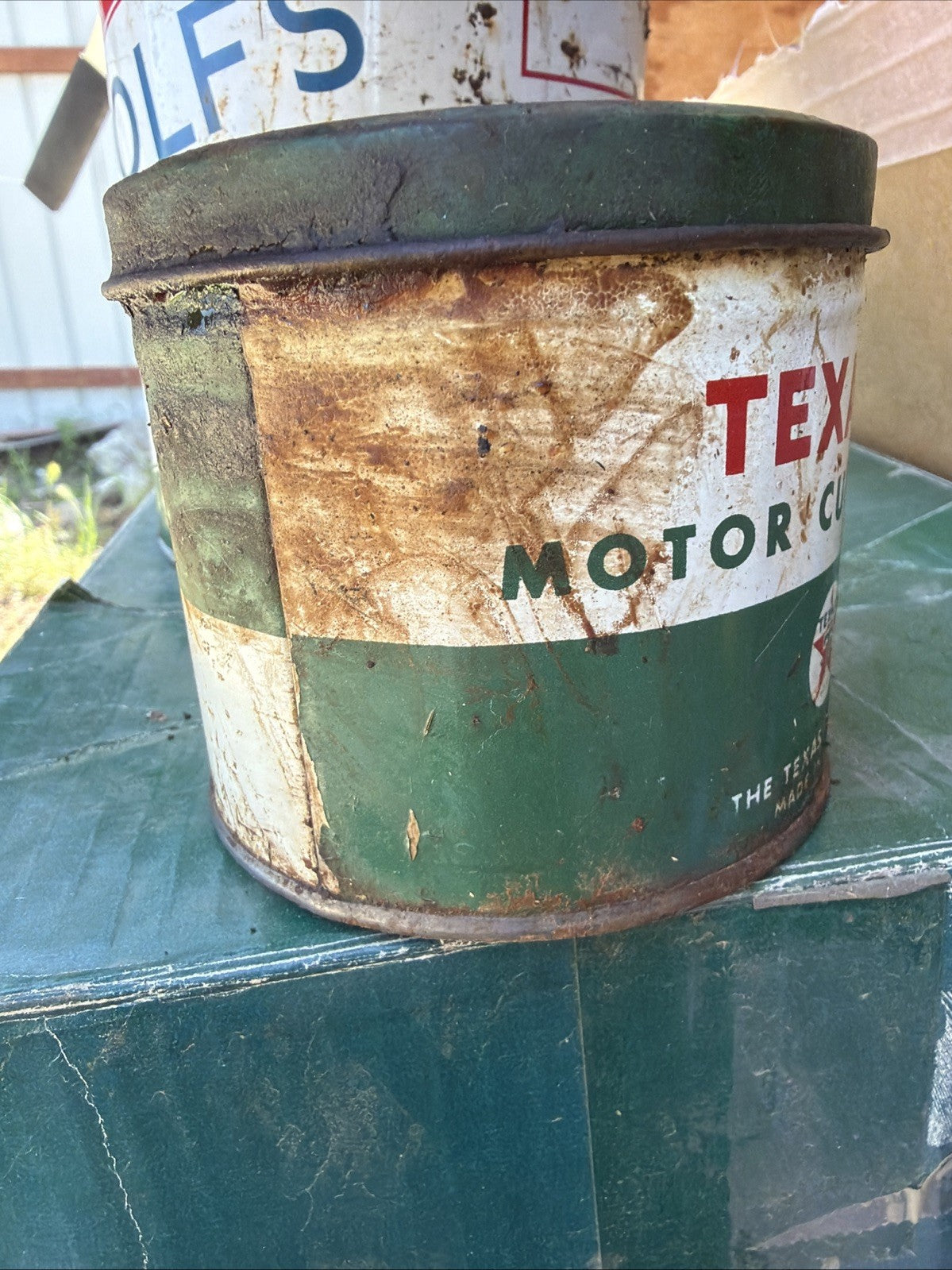 VINTAGE TEXACO MOTOR CUP GREASE METAL ONE POUND Quart TIN GREEN T Can5