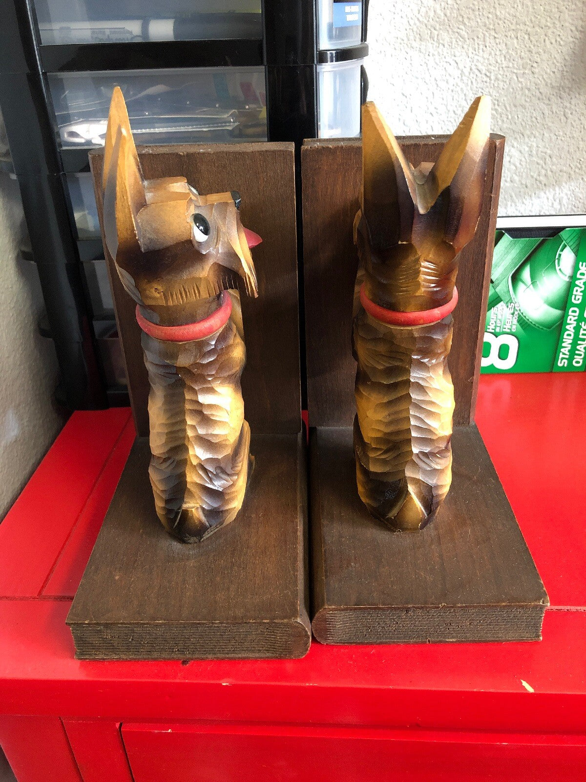 VTG 70’s Book End Pair BROWN WOOD GLASS EYE SCOTTY DOG Figure Japan4