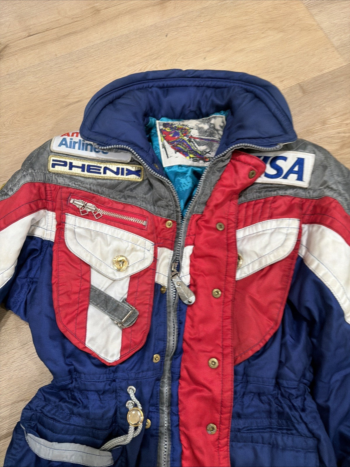 Phenix Sports Ski Jacket 90s Women’s Size 10 Red Blue Snowboard Hidden Hood Zip1