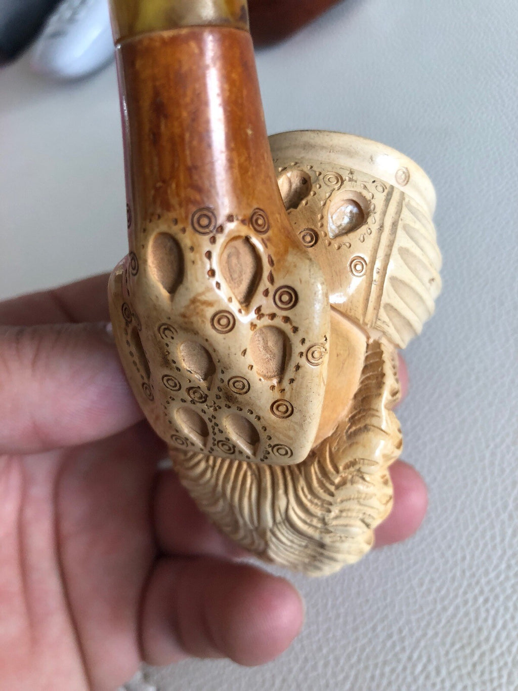 Antique Carved Figural Sultan Meerschaum Pipe High Detail Egg Yolk Stem5