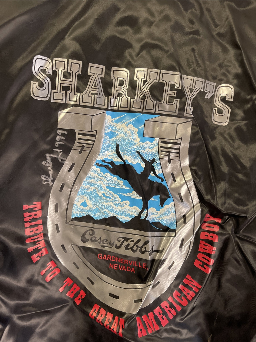 Vintage 1980s Sharkey’s Casino Nevada Casey Tibbs Rodeo Satin Jacket Signed XL0