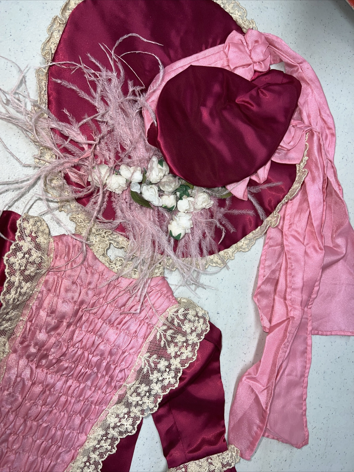 Beautiful Pink Antique Vintage 1800’s Doll Dress and Hat Set1