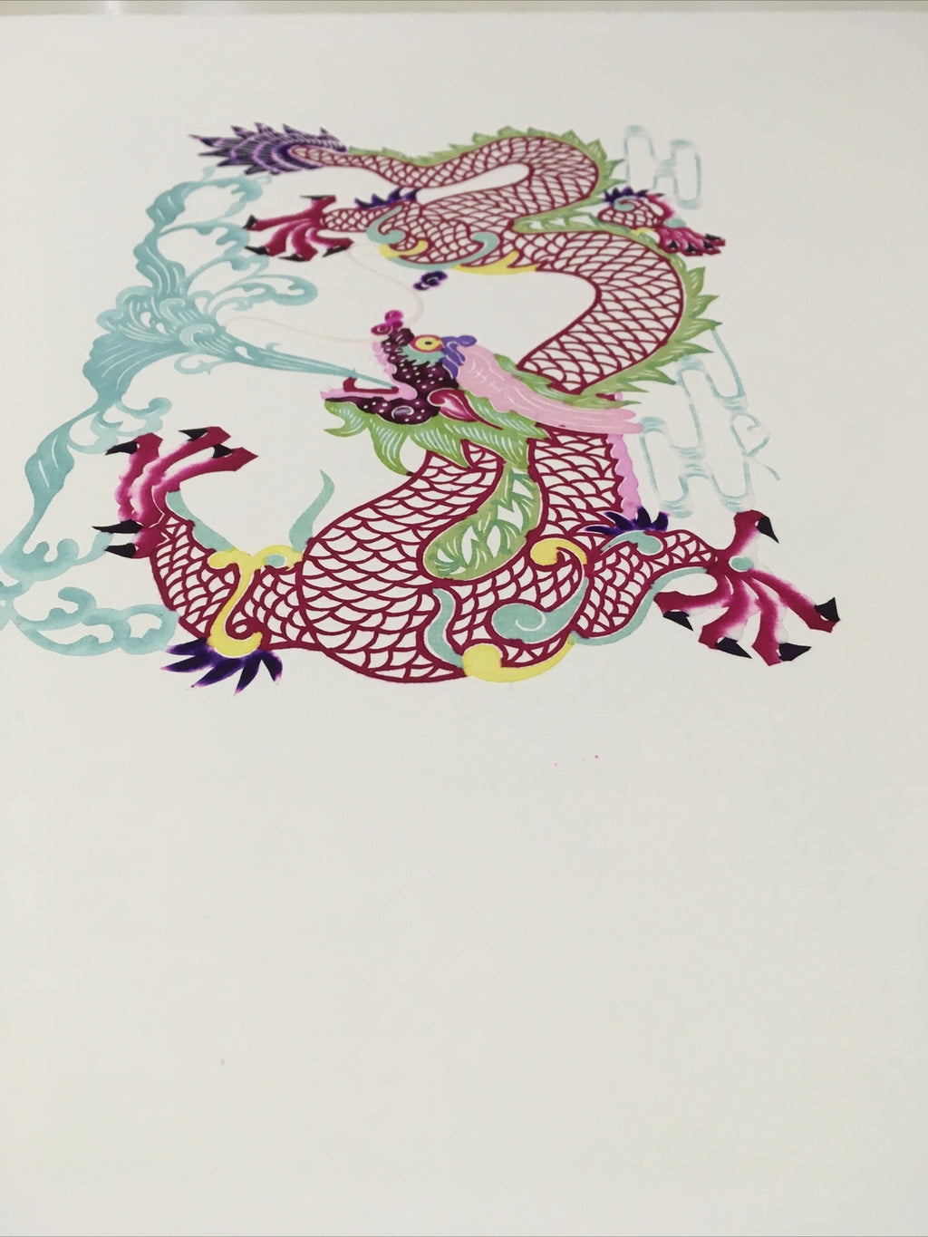 Antique Asian Chinese paper cut detailed Hand Colored Dragon/Long Blue Fire6