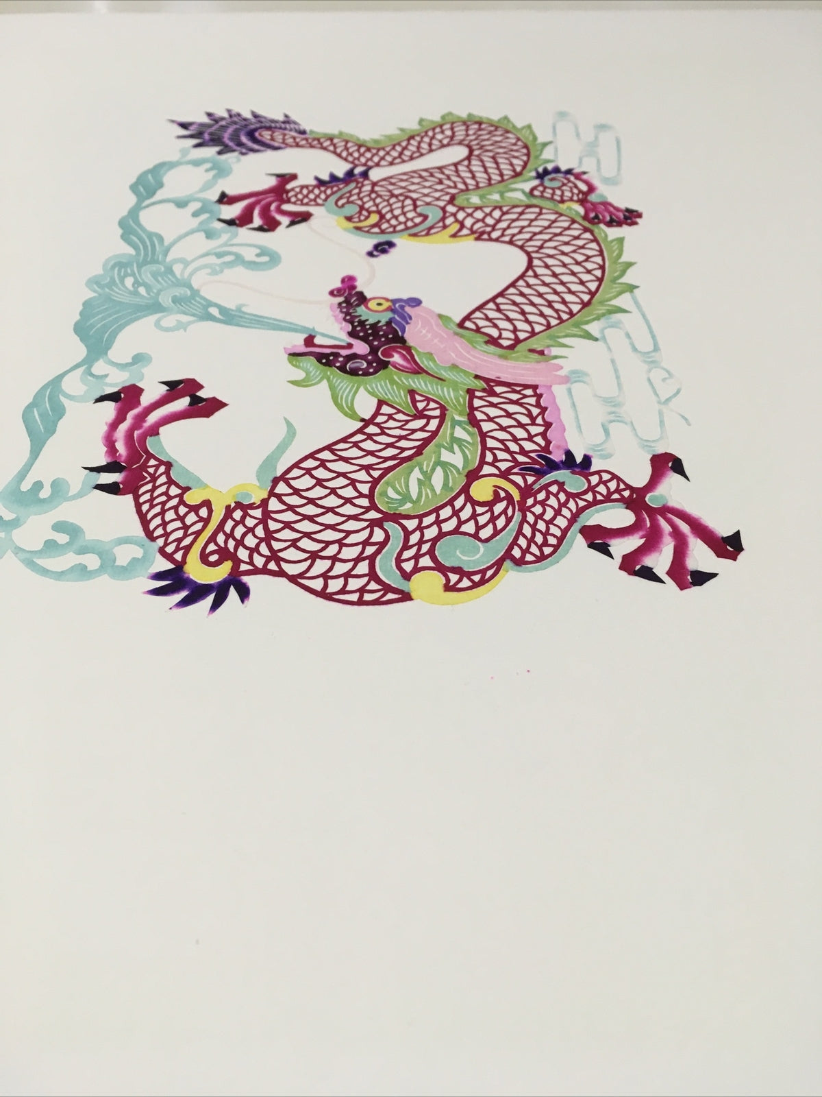 Antique Asian Chinese paper cut detailed Hand Colored Dragon/Long Blue Fire6