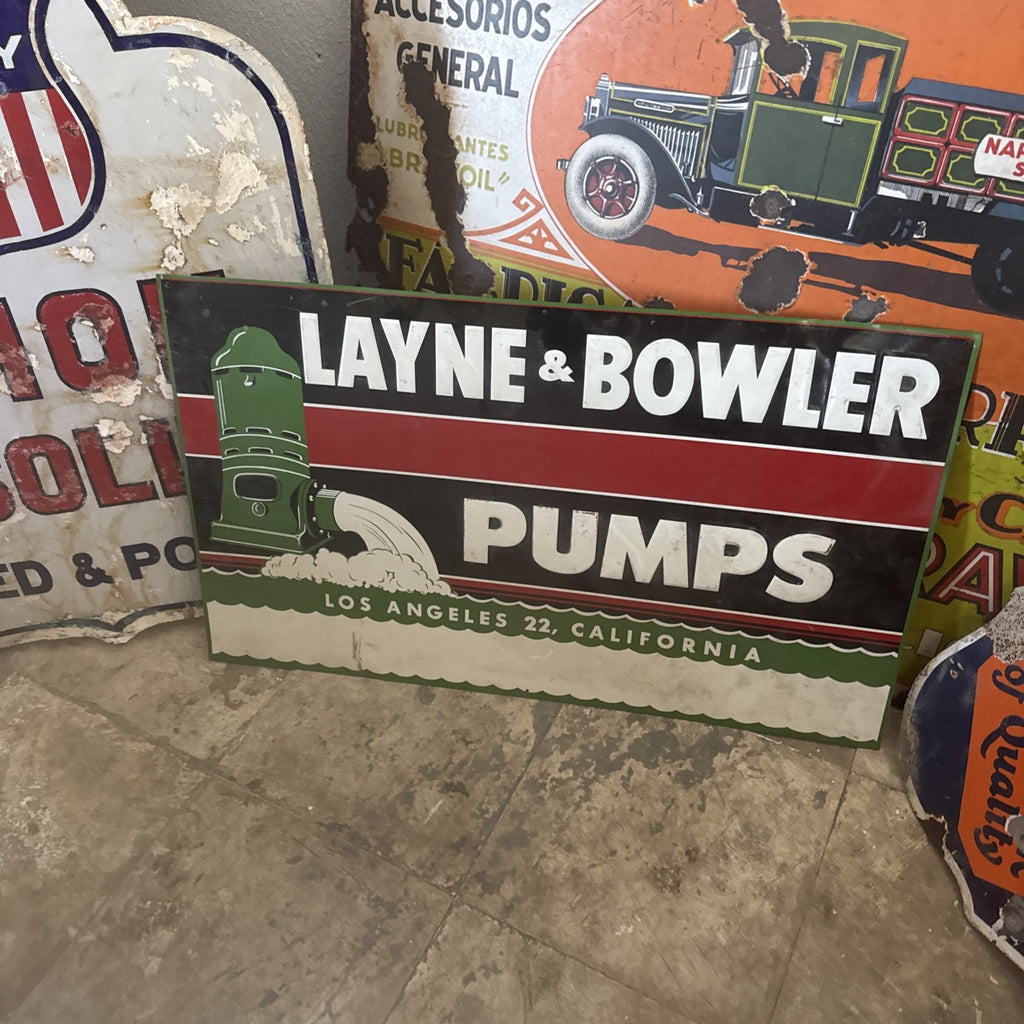 LARGE ORIGINAL LAYNE & BOWLER PUMP PAINTED METAL Not Porcelain SIGN 30X18” LA0