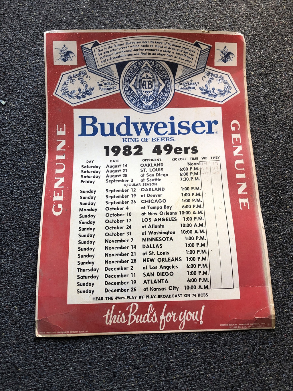 RARE Vintage Budweiser 1982 49ers Poster 20”x14”0