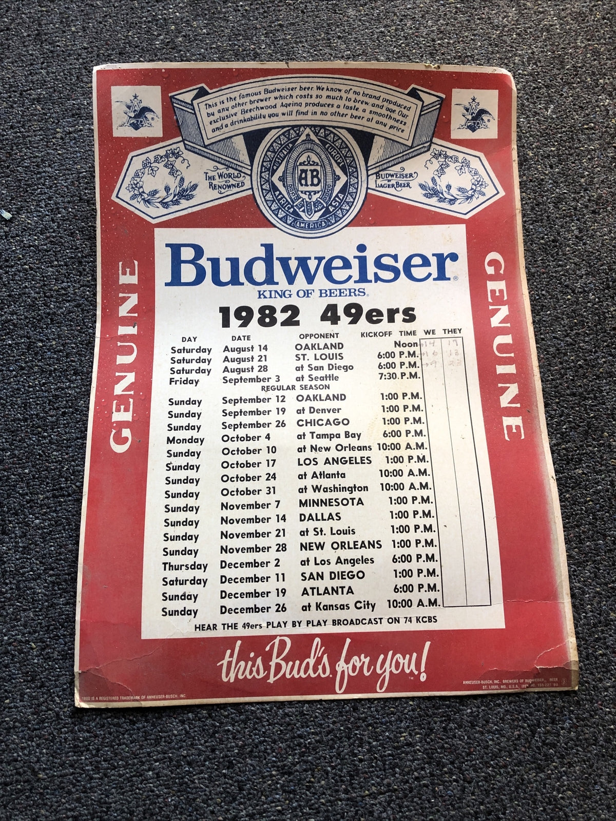 RARE Vintage Budweiser 1982 49ers Poster 20”x14”0