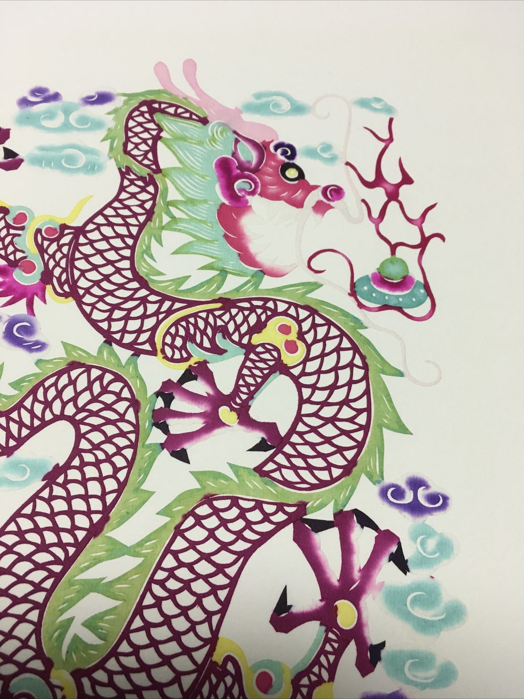 Antique Chinese paper cut detailed Hand Colored Dragon/Long With Pearl6