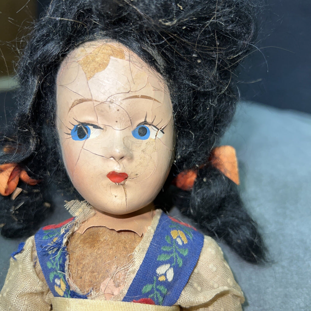 Vintage Antique Composition Paper? Doll Old Look Yellow Dress 11” Maker Unknown2
