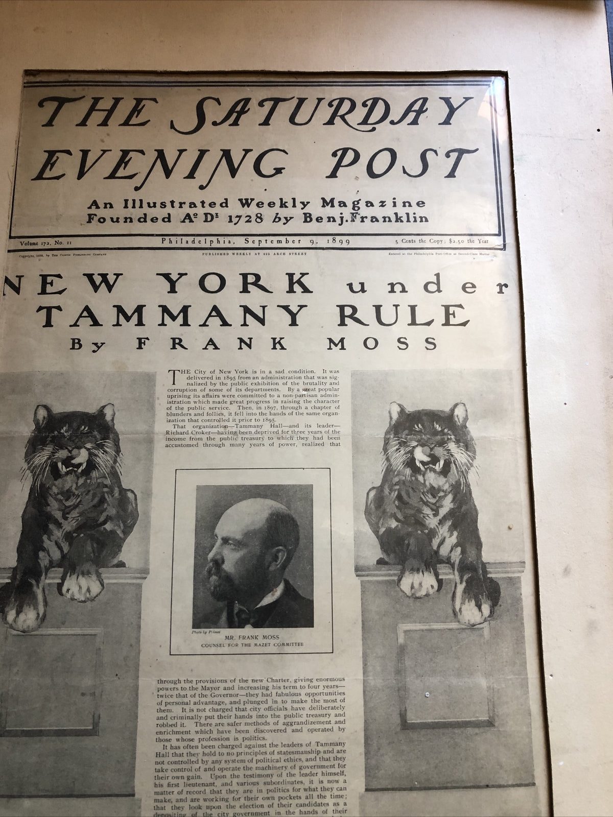 THE SATURDAY EVENING POST MAGAZINE SEP. 9, 1899 FRAMED FRONT COVER ILLUSTRATED2