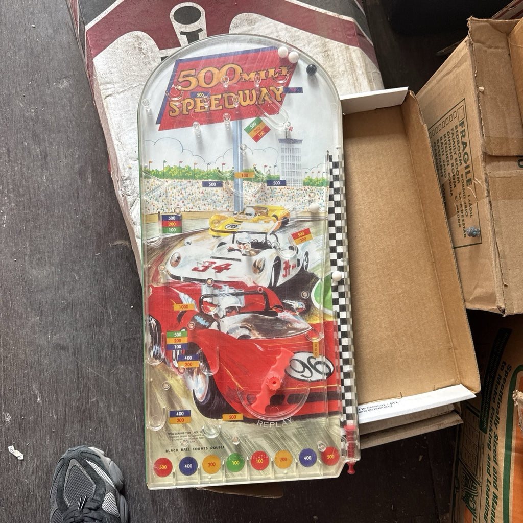 Vtg. Wolverine 500 Mile Speedway Pinball Game Works-22”x 10” Metal Race Car0