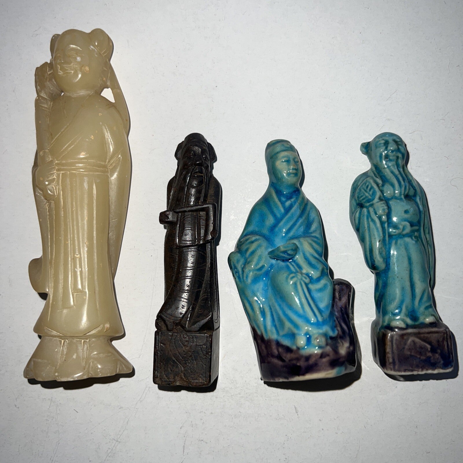 Lot of 4 Vintage Decorative Chinese Art Figures, Ceramic, Stone , Wood0