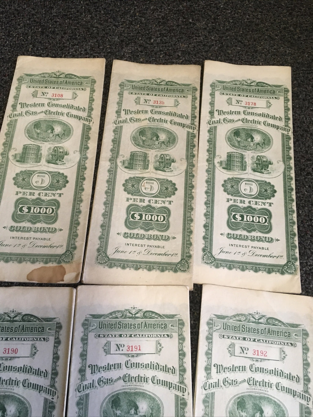 Lot Of 6 Western Consolidated Coal, Gas And Electric Company Gold Bond USA2