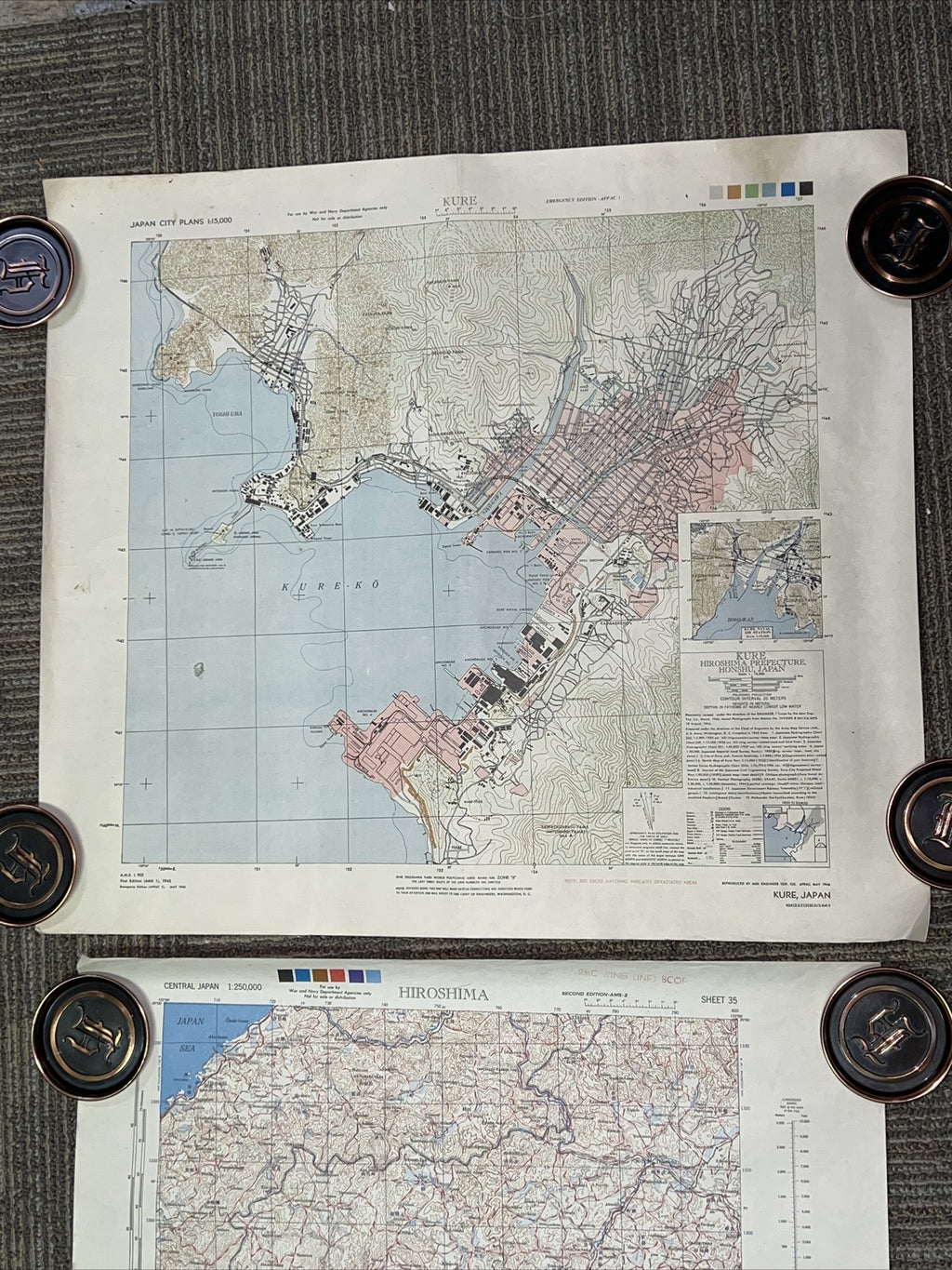 3 Vintage Posters Hiroshima Kure Nagasaki Japan Plan Maps2