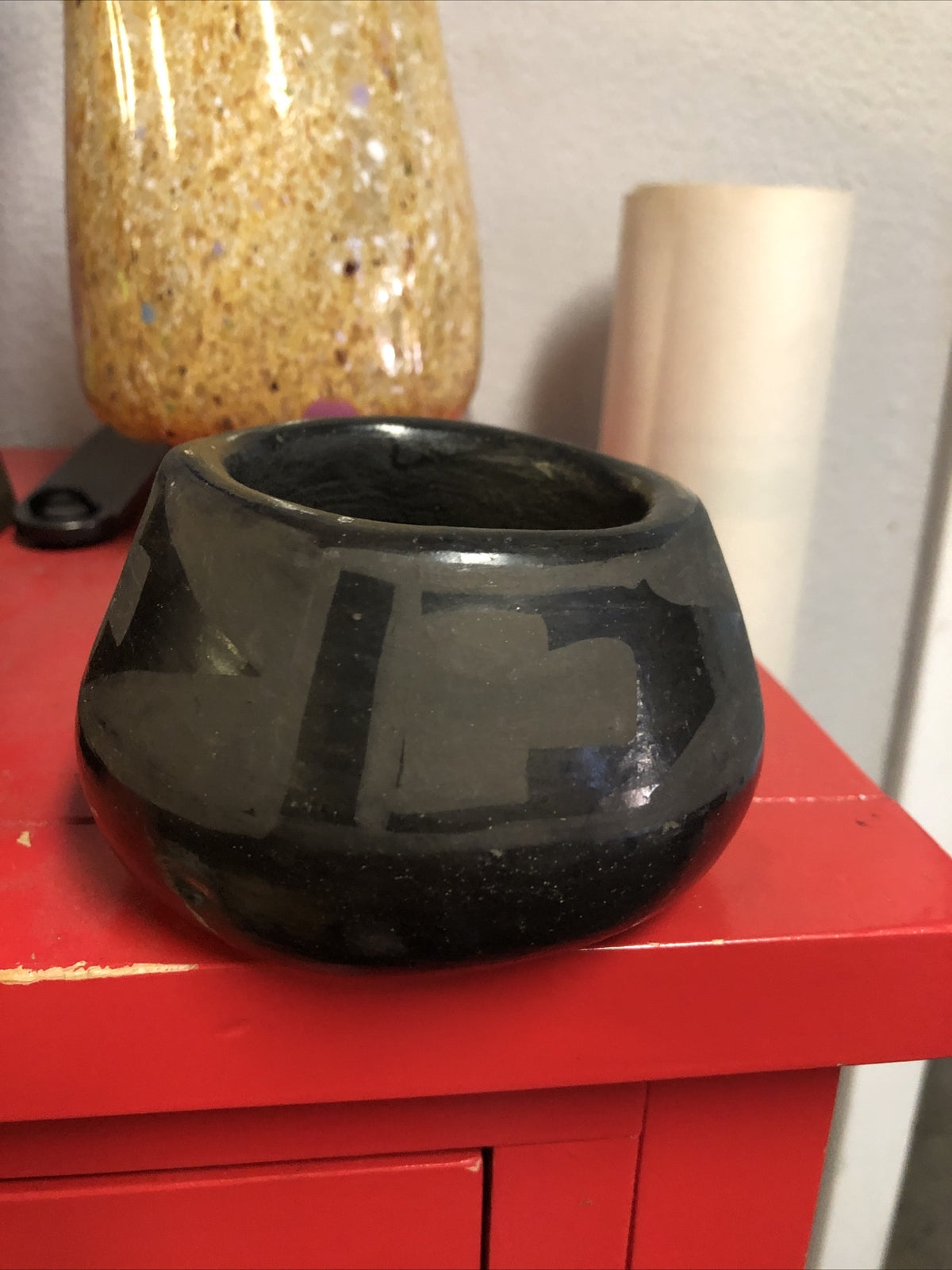 Vintage Handmade Black On Black Tribal Native Pottery Bowl 4”x2.5”2